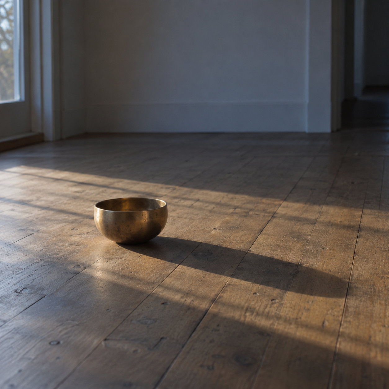A single singing bowl catching afternoon light on a bare wooden floor
