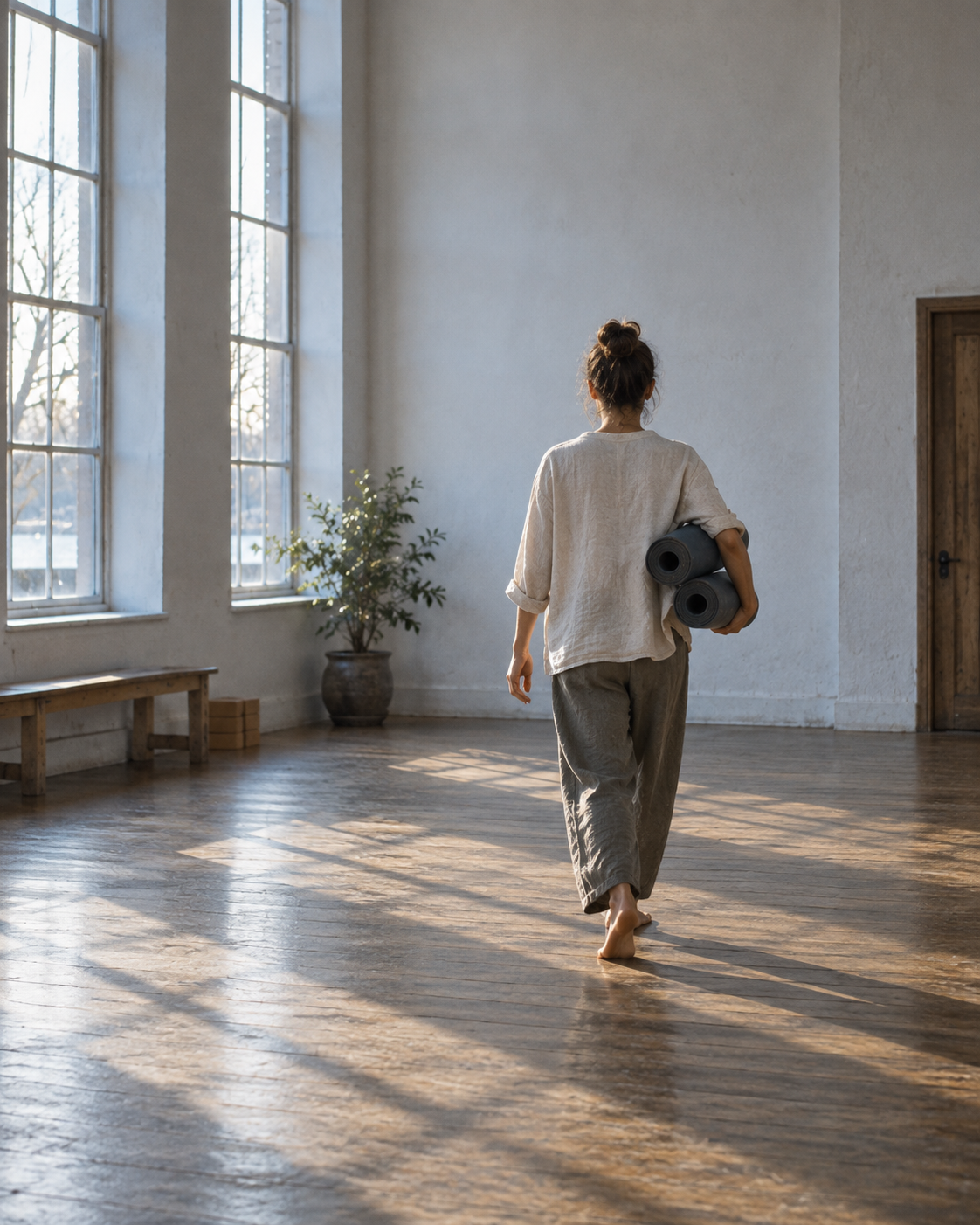 A practitioner carrying two rolled mats across an empty studio