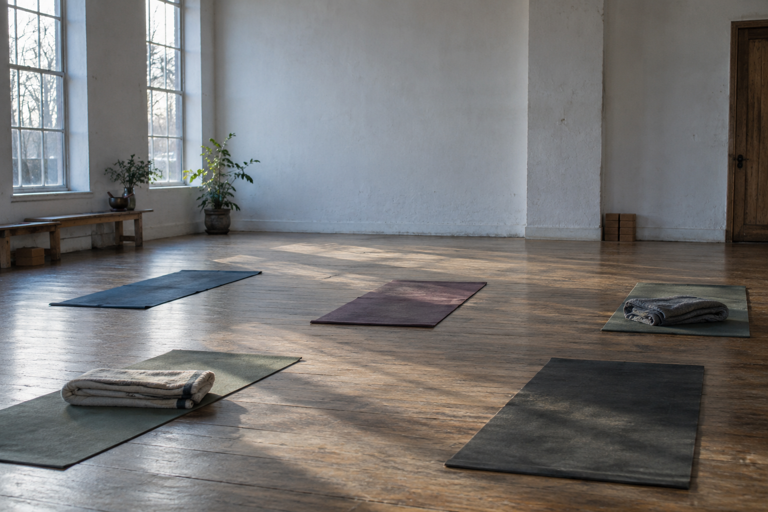 An empty studio with several mats laid out in afternoon light